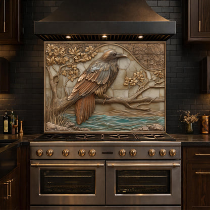 Mythical Raven Tempered Glass Backsplash, Copper Relief Look Wall Panel, Stove Guard