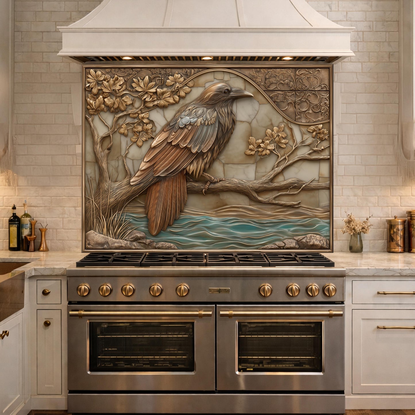 Mythical Raven Tempered Glass Backsplash, Copper Relief Look Wall Panel, Stove Guard
