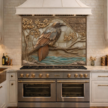 Mythical Raven Tempered Glass Backsplash, Copper Relief Look Wall Panel, Stove Guard