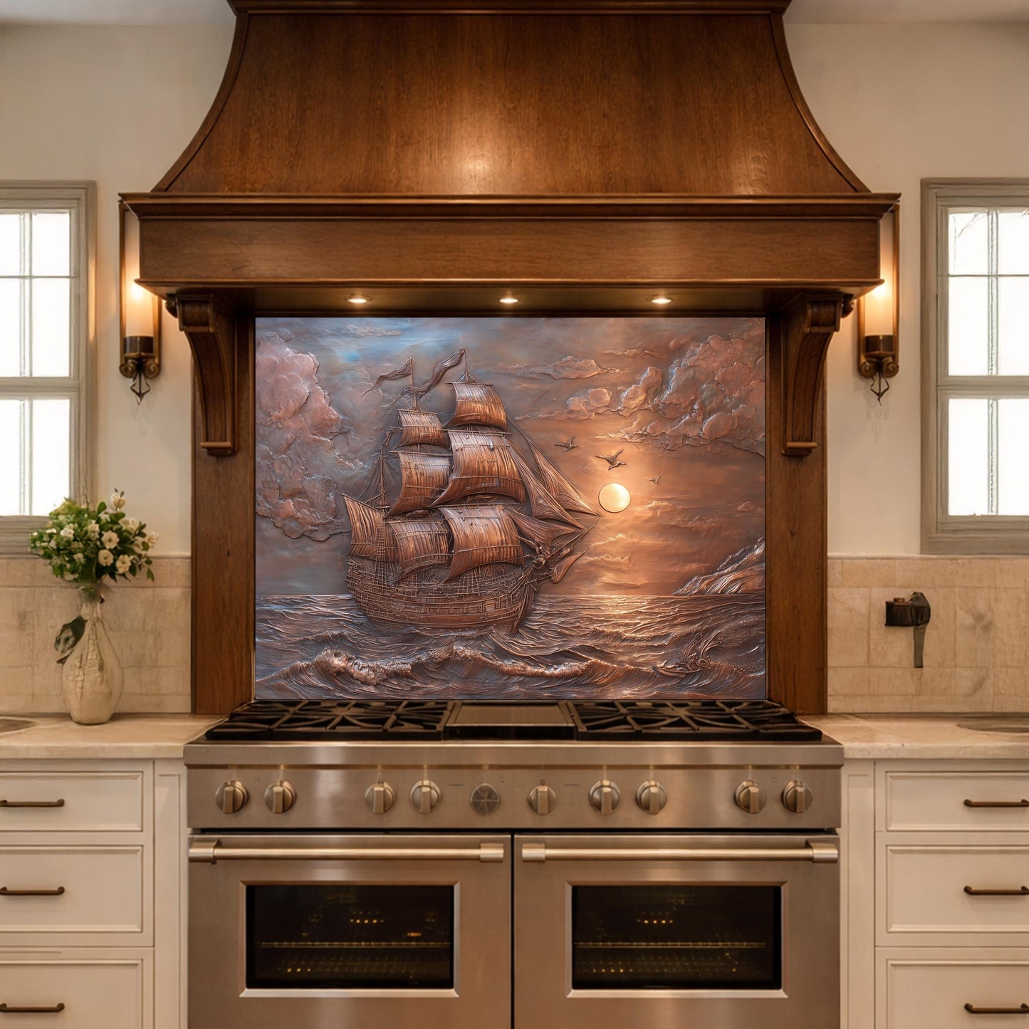 Sailing Ship at Sunset Tempered Glass Backsplash, Copper Relief Look Wall Panel