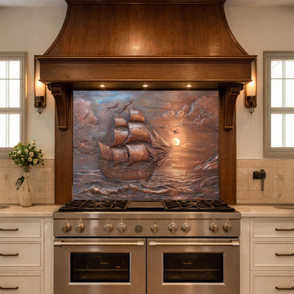 Sailing Ship at Sunset Tempered Glass Backsplash, Copper Relief Look Wall Panel