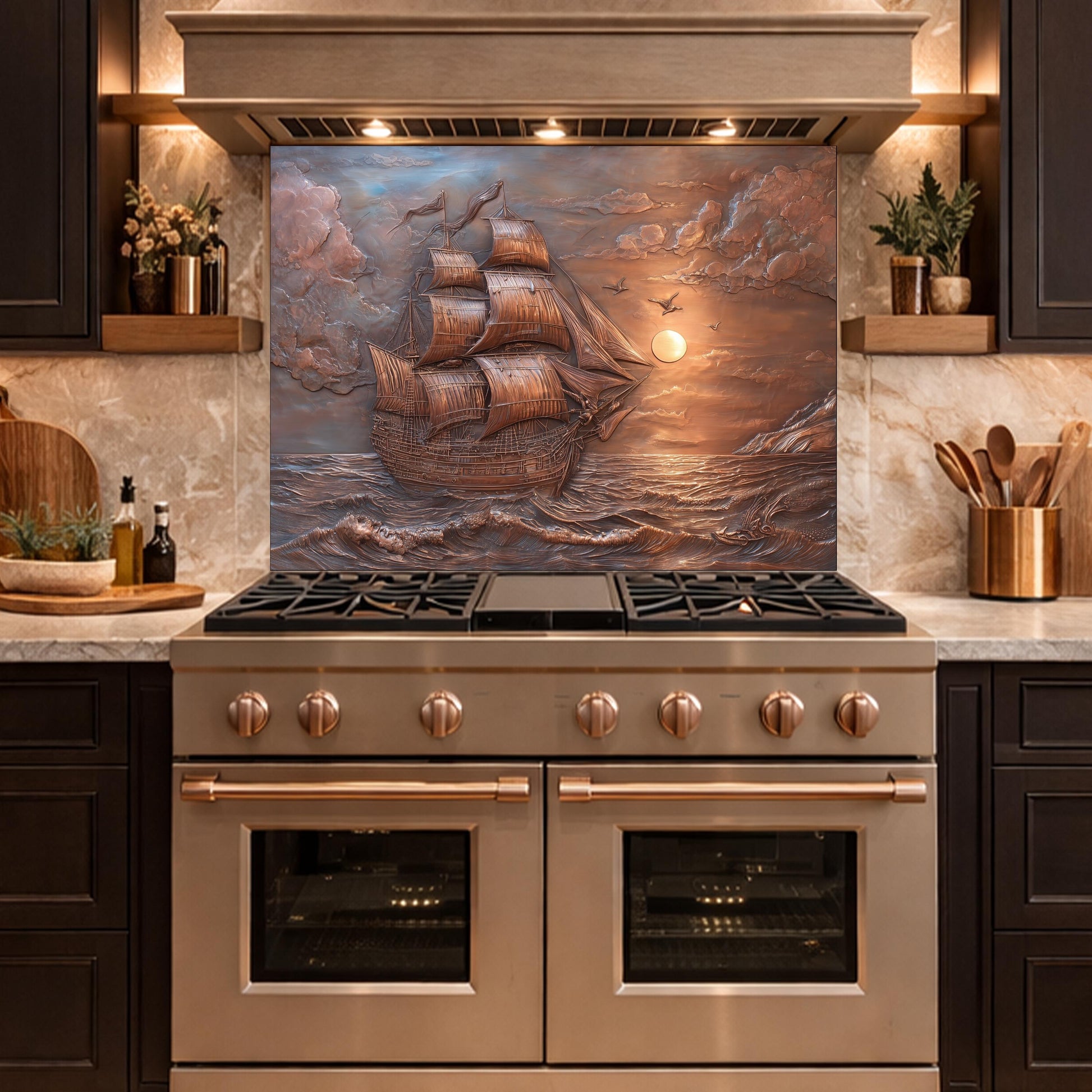 Sailing Ship at Sunset Tempered Glass Backsplash, Copper Relief Look Wall Panel