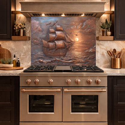 Sailing Ship at Sunset Tempered Glass Backsplash, Copper Relief Look Wall Panel