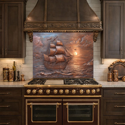 Sailing Ship at Sunset Tempered Glass Backsplash, Copper Relief Look Wall Panel
