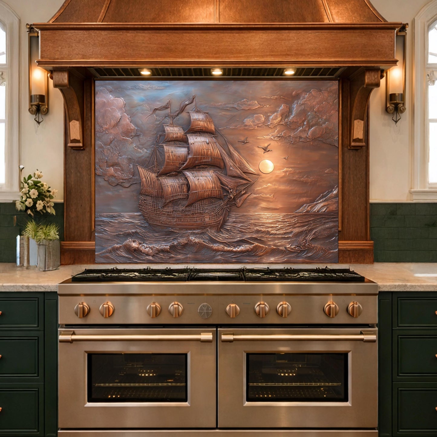 Sailing Ship at Sunset Tempered Glass Backsplash, Copper Relief Look Wall Panel
