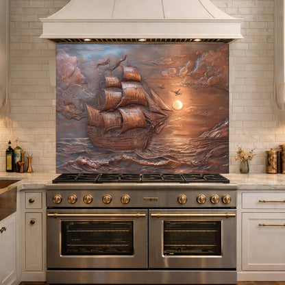 Sailing Ship at Sunset Tempered Glass Backsplash, Copper Relief Look Wall Panel