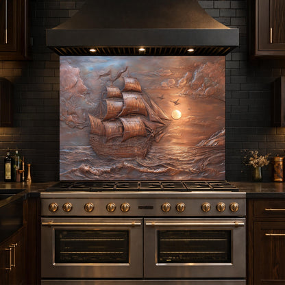 Sailing Ship at Sunset Tempered Glass Backsplash, Copper Relief Look Wall Panel