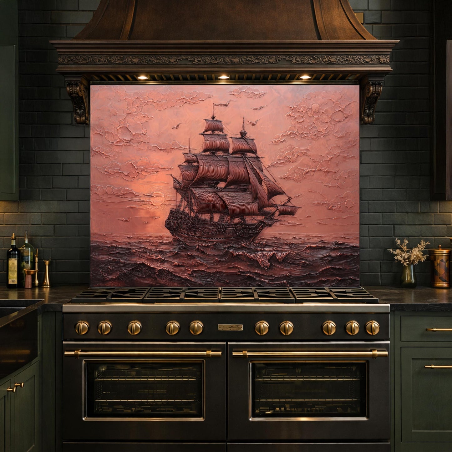 Maritime Sailing Ship Tempered Glass Backsplash, Copper Relief Look Wall Panel, Stove Guard