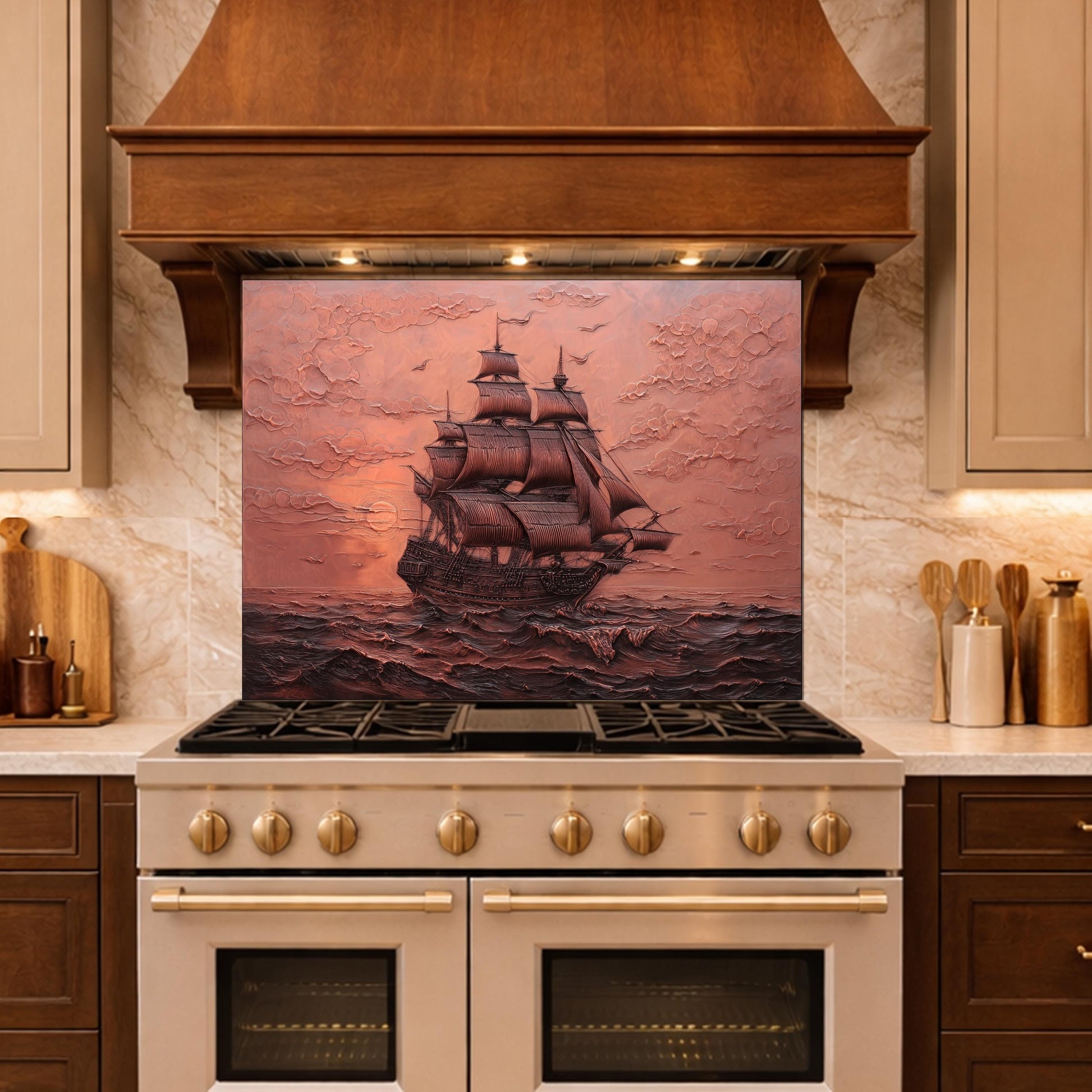 Maritime Sailing Ship Tempered Glass Backsplash, Copper Relief Look Wall Panel, Stove Guard