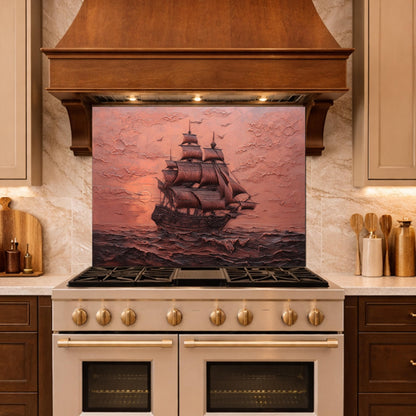Maritime Sailing Ship Tempered Glass Backsplash, Copper Relief Look Wall Panel, Stove Guard