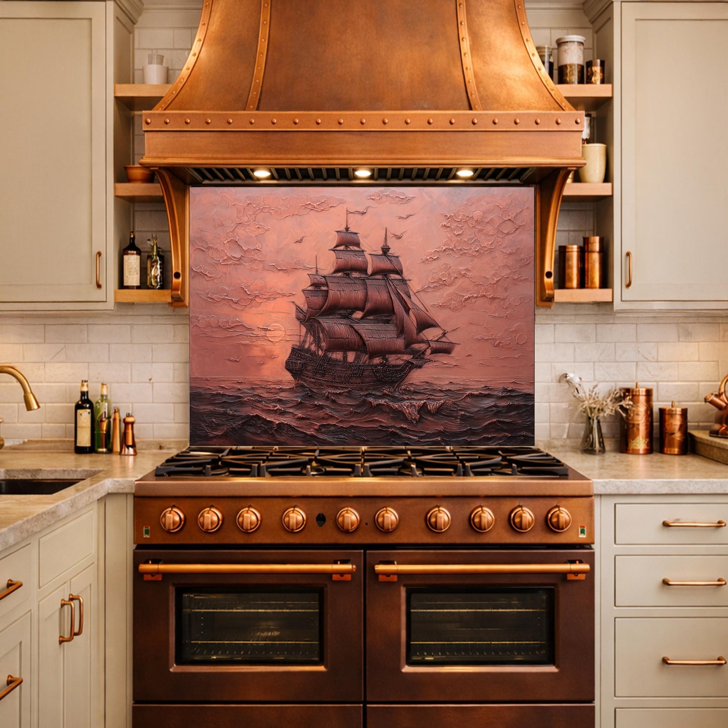 Maritime Sailing Ship Tempered Glass Backsplash, Copper Relief Look Wall Panel, Stove Guard