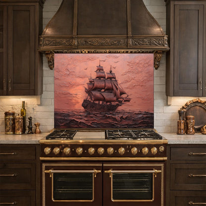 Maritime Sailing Ship Tempered Glass Backsplash, Copper Relief Look Wall Panel, Stove Guard