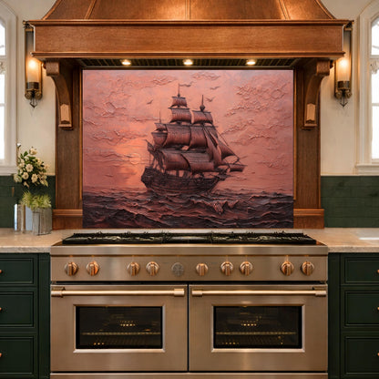 Maritime Sailing Ship Tempered Glass Backsplash, Copper Relief Look Wall Panel, Stove Guard