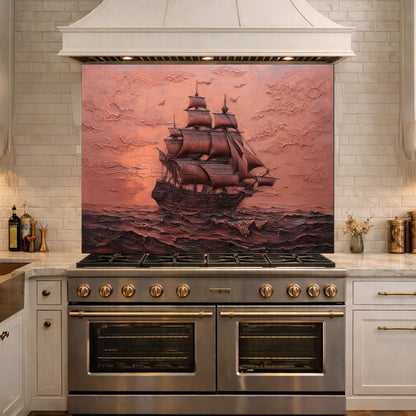 Maritime Sailing Ship Tempered Glass Backsplash, Copper Relief Look Wall Panel, Stove Guard
