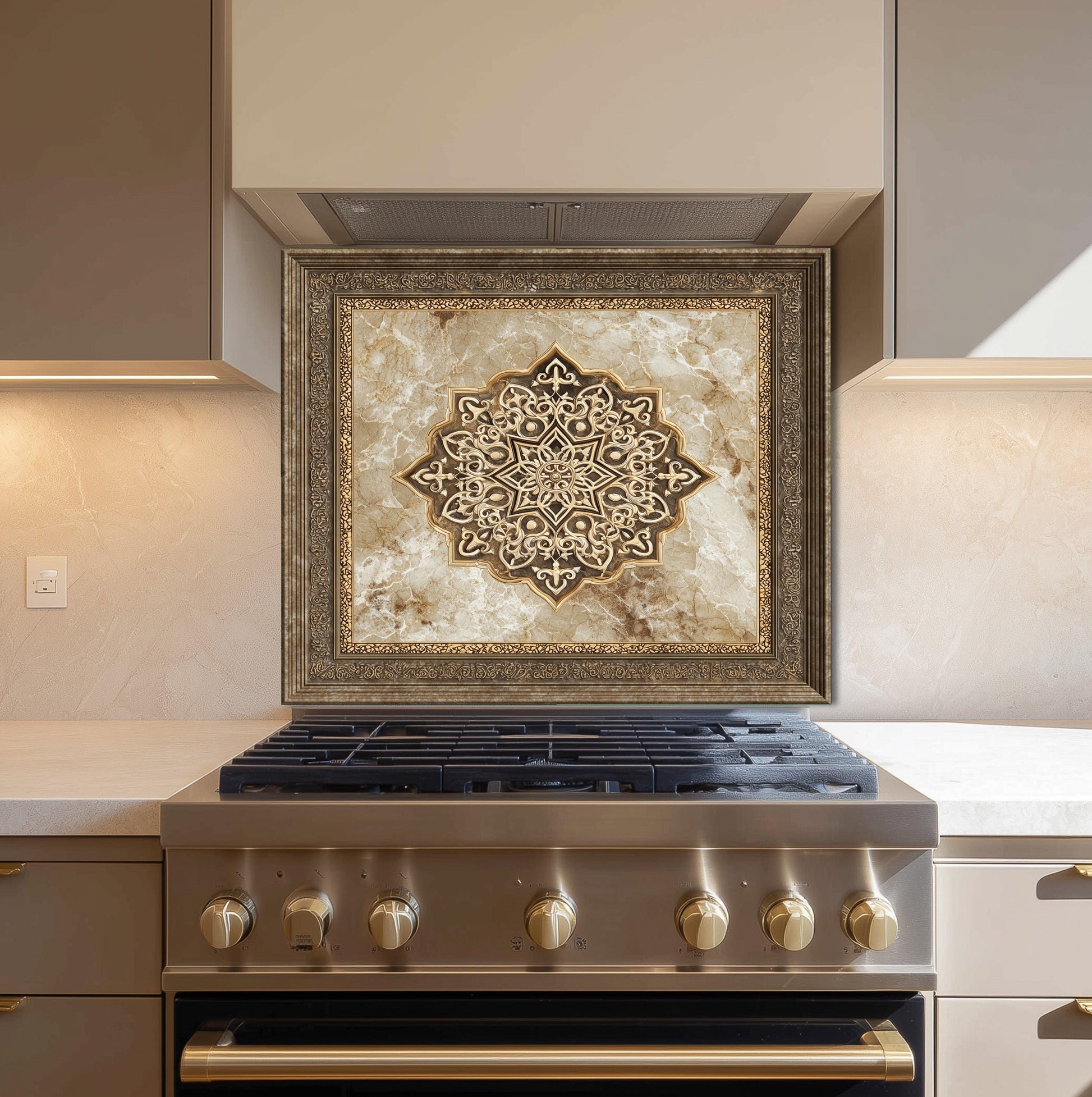 May include: A decorative kitchen backsplash featuring a framed, ornate design with a central starburst pattern in shades of brown and gold. The backsplash is installed above a stainless steel gas range, adding a touch of elegance to the kitchen.