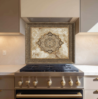 May include: A decorative kitchen backsplash featuring a framed, ornate design with a central starburst pattern in shades of brown and gold. The backsplash is installed above a stainless steel gas range, adding a touch of elegance to the kitchen.