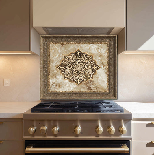 May include: A decorative kitchen backsplash featuring a framed, ornate design with a central starburst pattern in shades of brown and gold. The backsplash is installed above a stainless steel gas range, adding a touch of elegance to the kitchen.