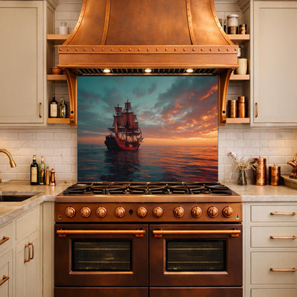 Classic Galleon Tempered Glass Backsplash, Copper Relief Look Wall Panel, Stove Guard