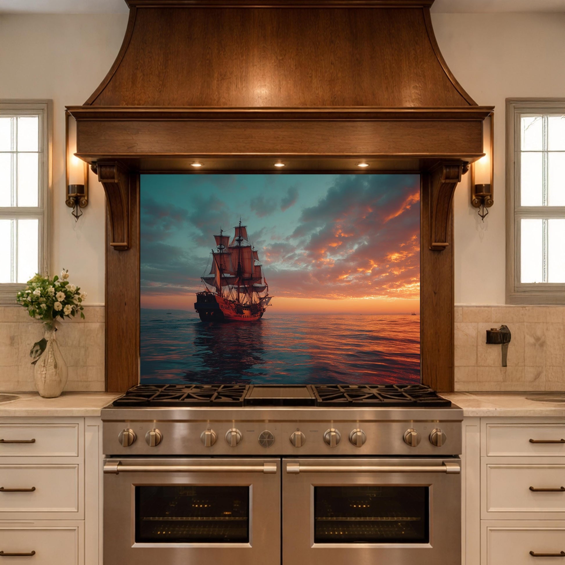Classic Galleon Tempered Glass Backsplash, Copper Relief Look Wall Panel, Stove Guard