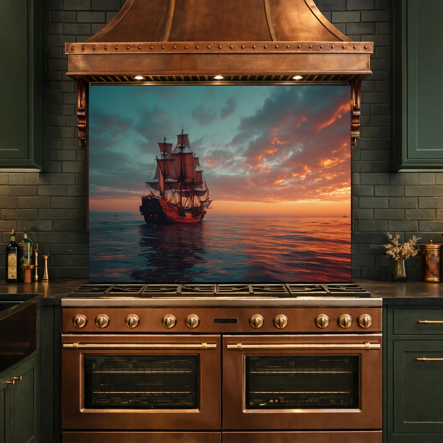 Classic Galleon Tempered Glass Backsplash, Copper Relief Look Wall Panel, Stove Guard