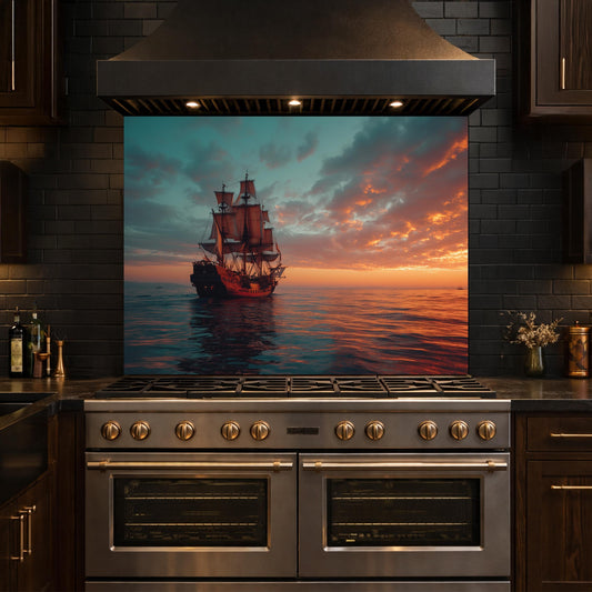 Classic Galleon Tempered Glass Backsplash, Copper Relief Look Wall Panel, Stove Guard