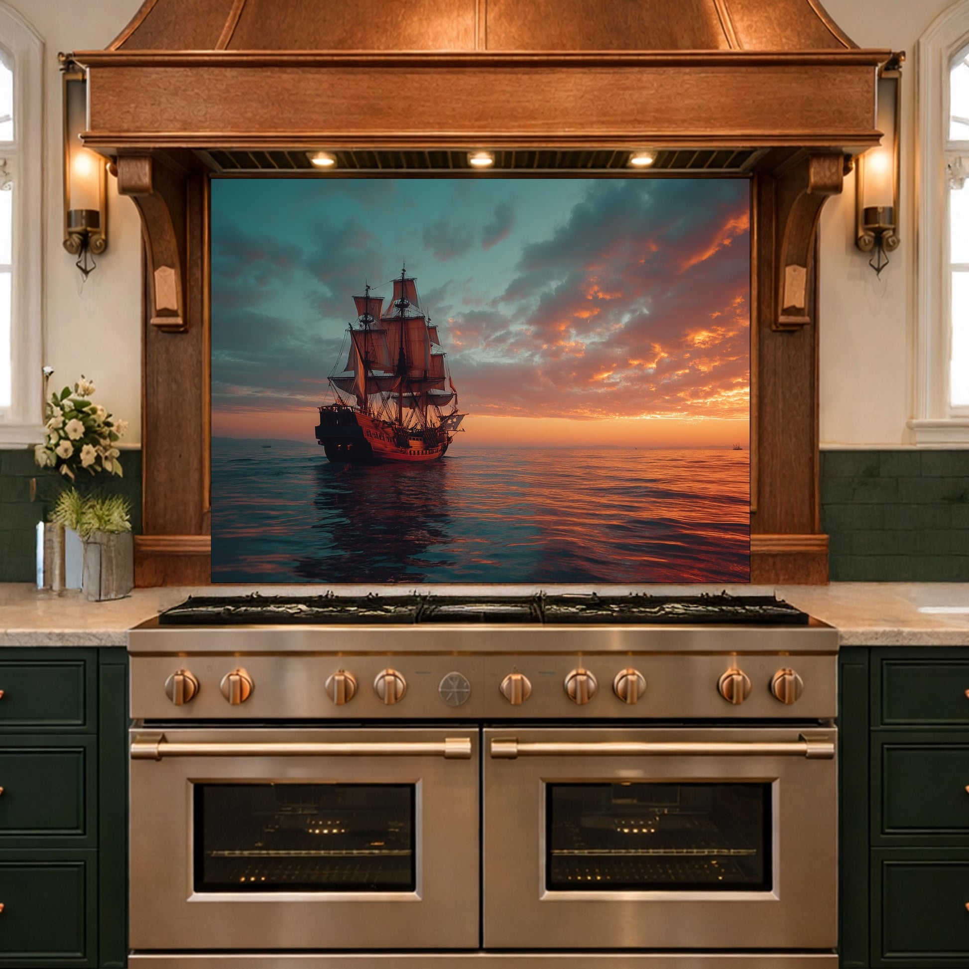 Classic Galleon Tempered Glass Backsplash, Copper Relief Look Wall Panel, Stove Guard