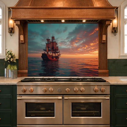 Classic Galleon Tempered Glass Backsplash, Copper Relief Look Wall Panel, Stove Guard