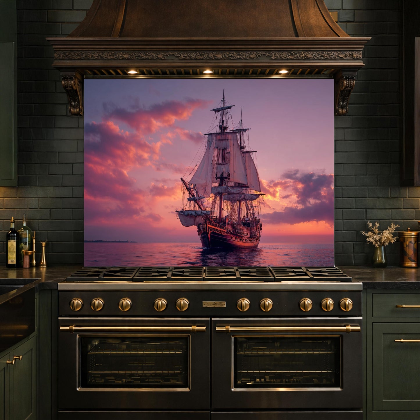 Majestic Galleon Tempered Glass Backsplash, Copper Relief Look Wall Panel, Stove Guard