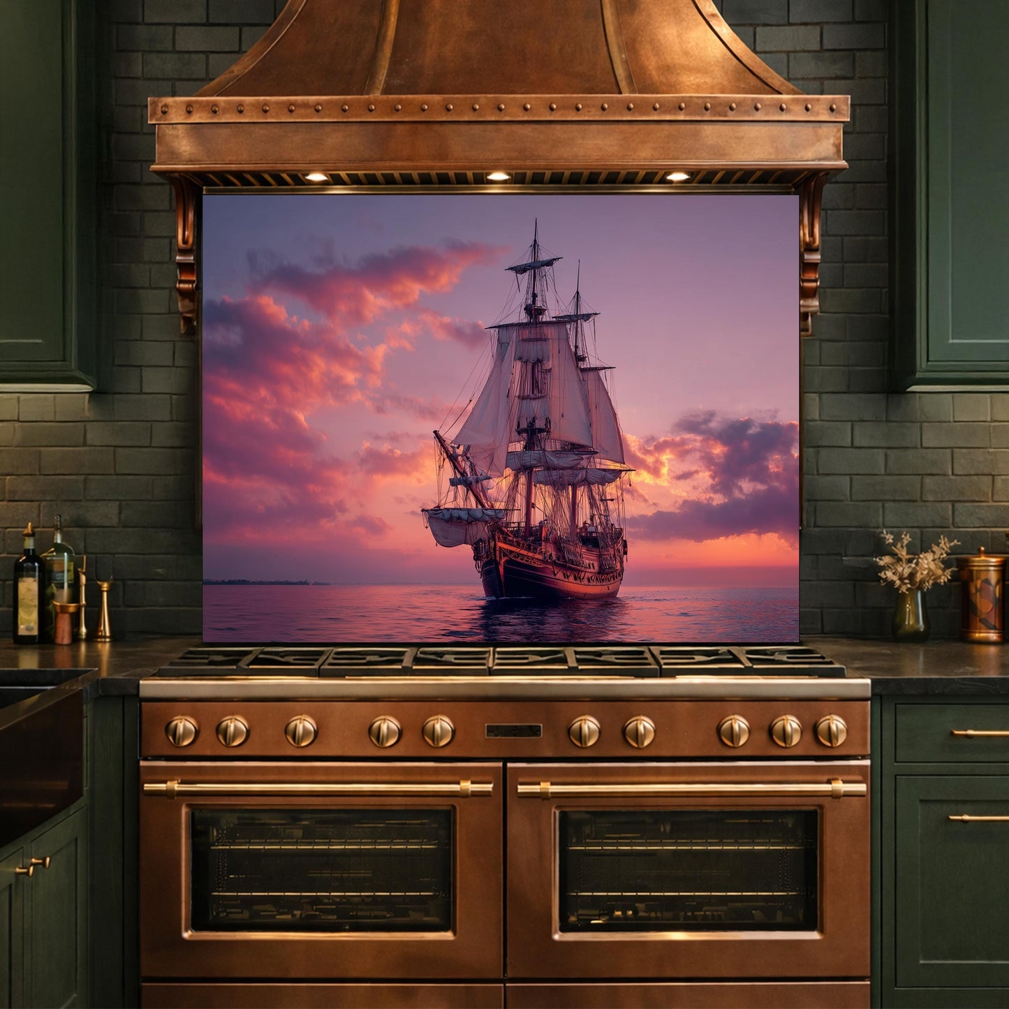 Majestic Galleon Tempered Glass Backsplash, Copper Relief Look Wall Panel, Stove Guard