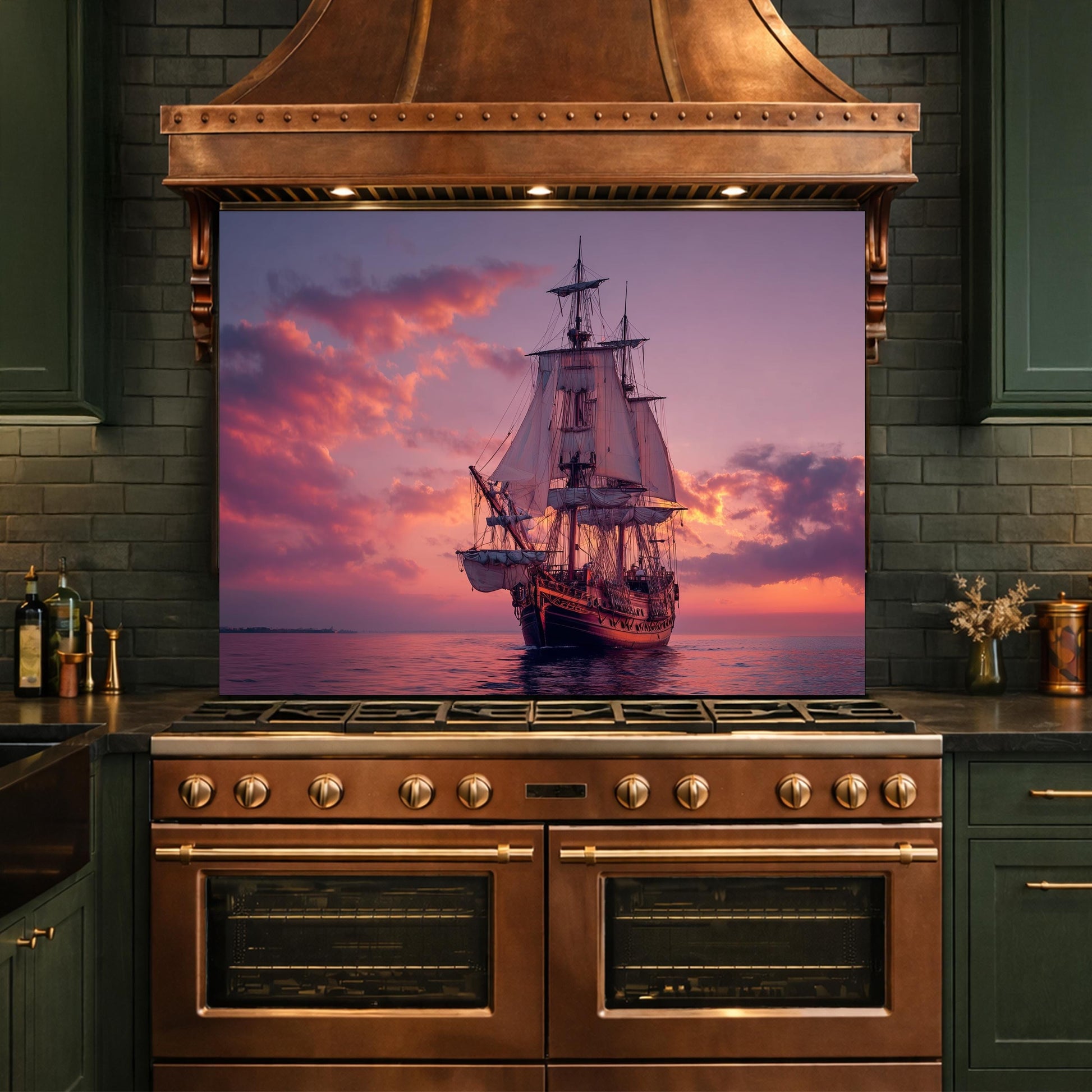 Majestic Galleon Tempered Glass Backsplash, Copper Relief Look Wall Panel, Stove Guard