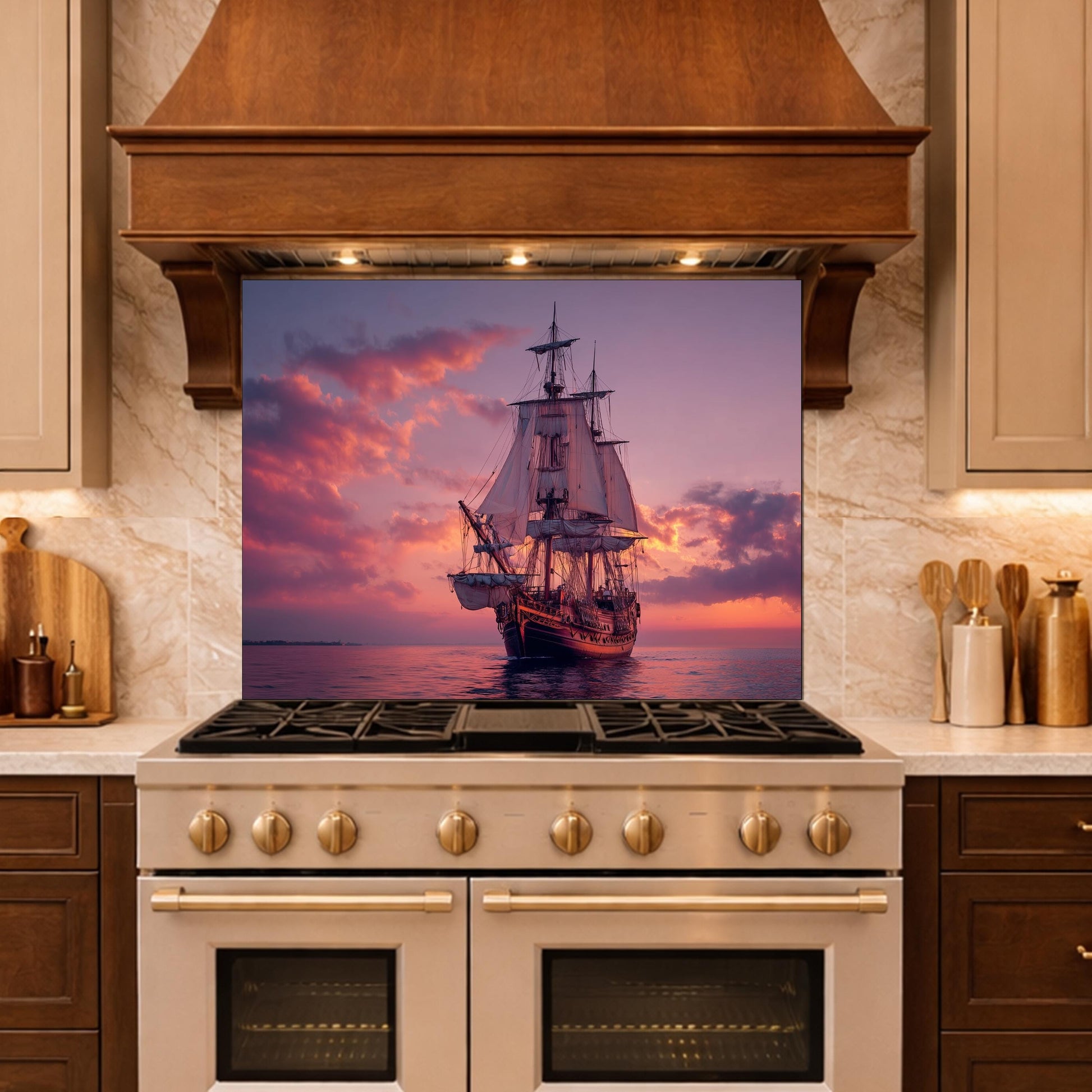 Majestic Galleon Tempered Glass Backsplash, Copper Relief Look Wall Panel, Stove Guard