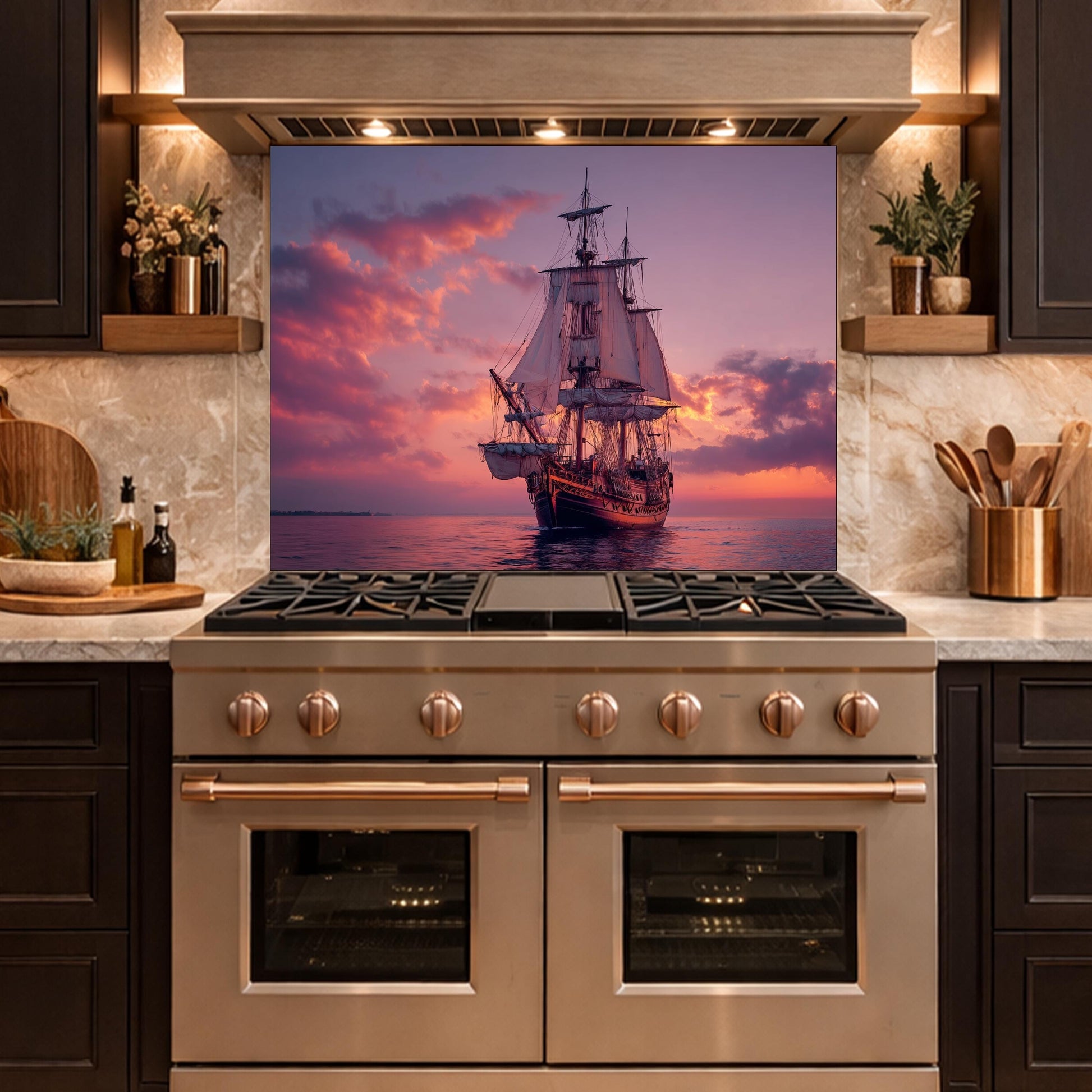 Majestic Galleon Tempered Glass Backsplash, Copper Relief Look Wall Panel, Stove Guard