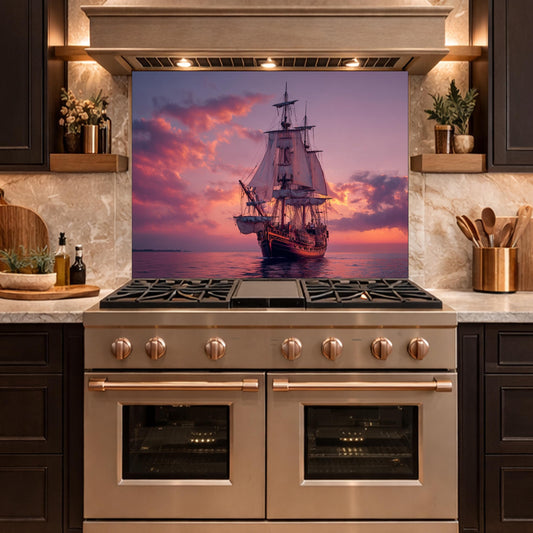 Majestic Galleon Tempered Glass Backsplash, Copper Relief Look Wall Panel, Stove Guard