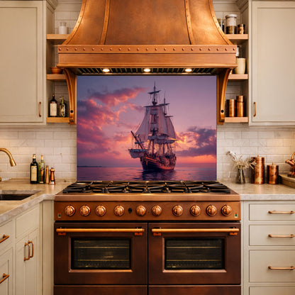 Majestic Galleon Tempered Glass Backsplash, Copper Relief Look Wall Panel, Stove Guard
