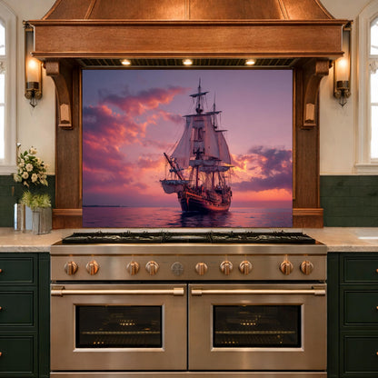 Majestic Galleon Tempered Glass Backsplash, Copper Relief Look Wall Panel, Stove Guard