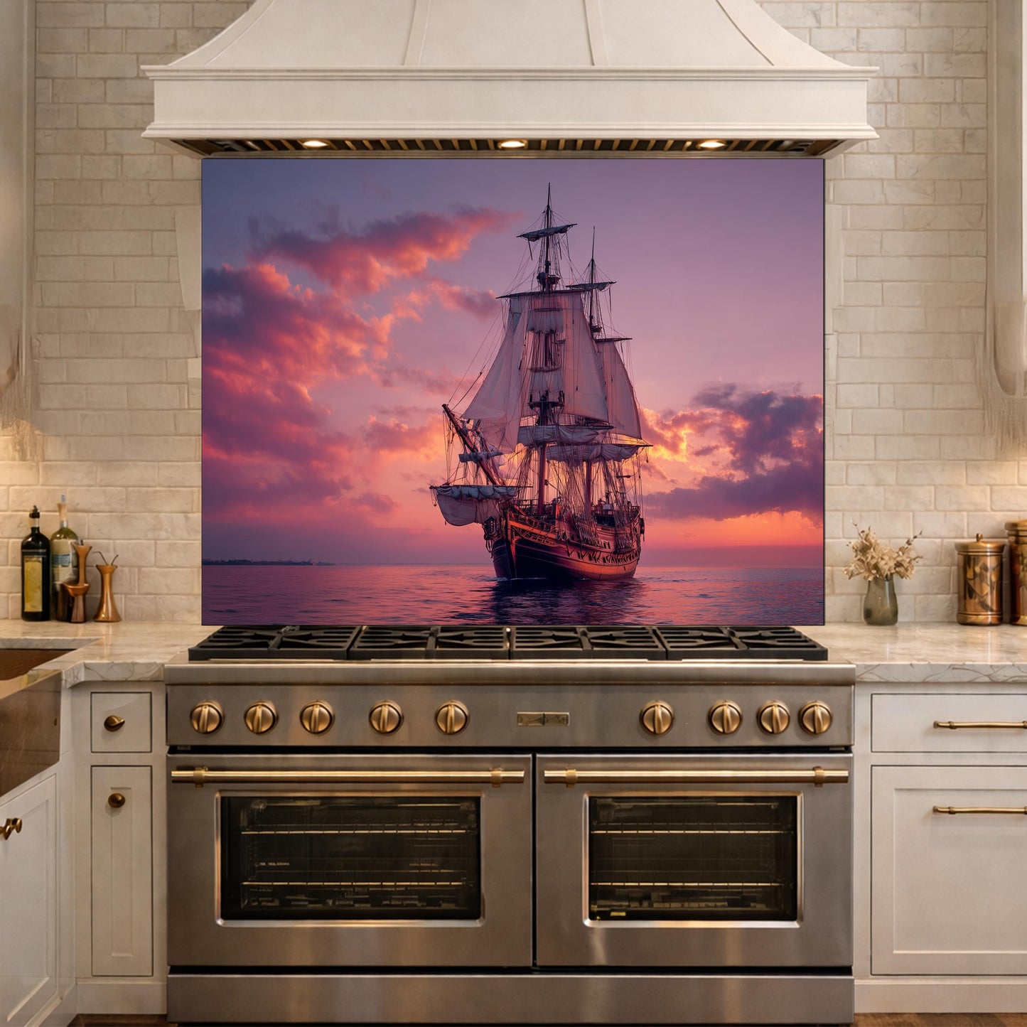 Majestic Galleon Tempered Glass Backsplash, Copper Relief Look Wall Panel, Stove Guard