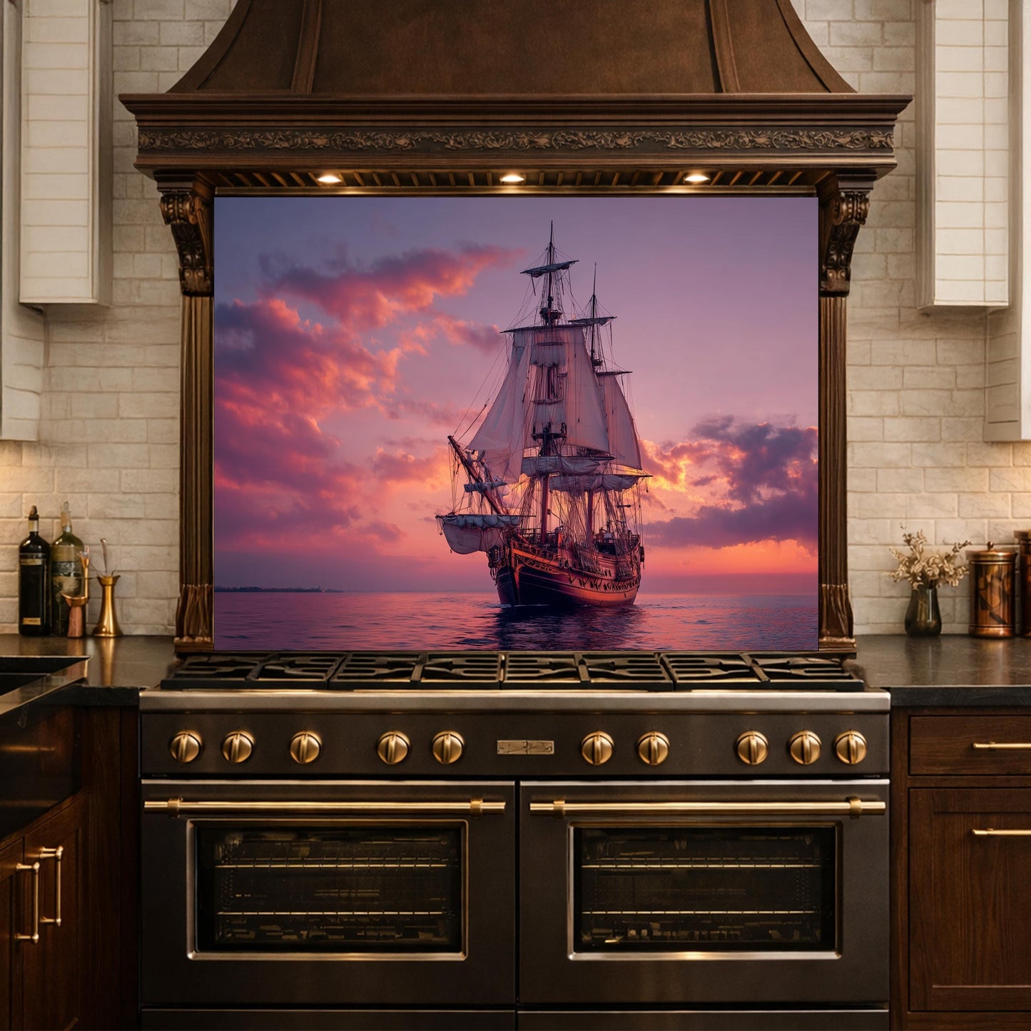 Majestic Galleon Tempered Glass Backsplash, Copper Relief Look Wall Panel, Stove Guard