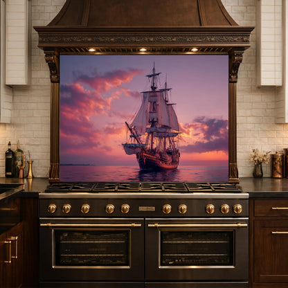 Majestic Galleon Tempered Glass Backsplash, Copper Relief Look Wall Panel, Stove Guard