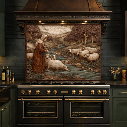 Pastoral Shepherdess and Flock Tempered Glass Backsplash, Copper Relief Look Wall Panel, Stove Guard