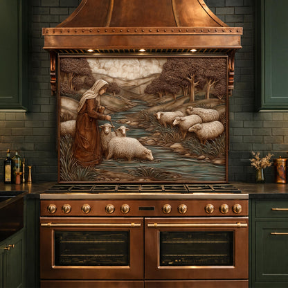 Pastoral Shepherdess and Flock Tempered Glass Backsplash, Copper Relief Look Wall Panel, Stove Guard