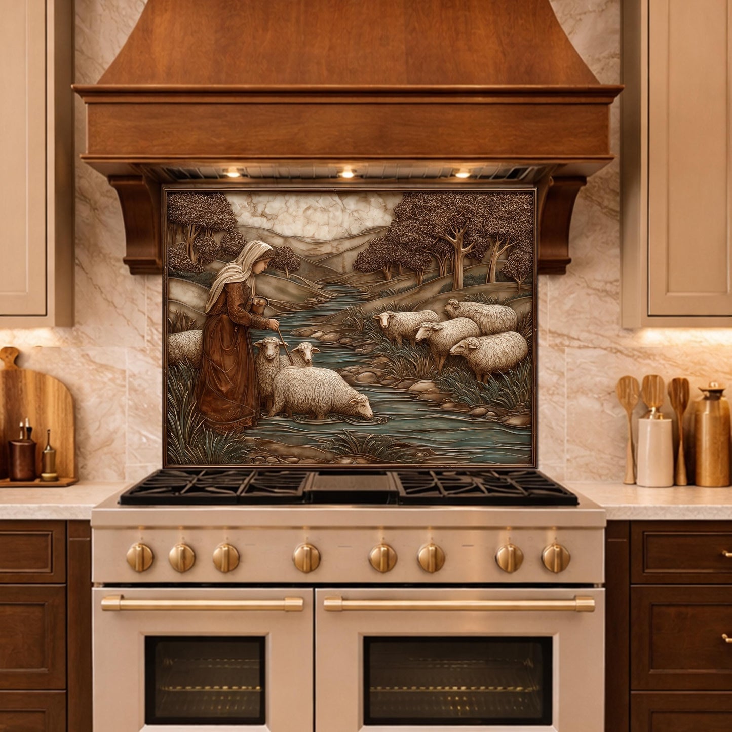 Pastoral Shepherdess and Flock Tempered Glass Backsplash, Copper Relief Look Wall Panel, Stove Guard