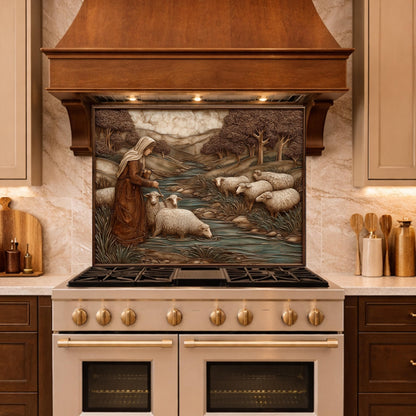 Pastoral Shepherdess and Flock Tempered Glass Backsplash, Copper Relief Look Wall Panel, Stove Guard