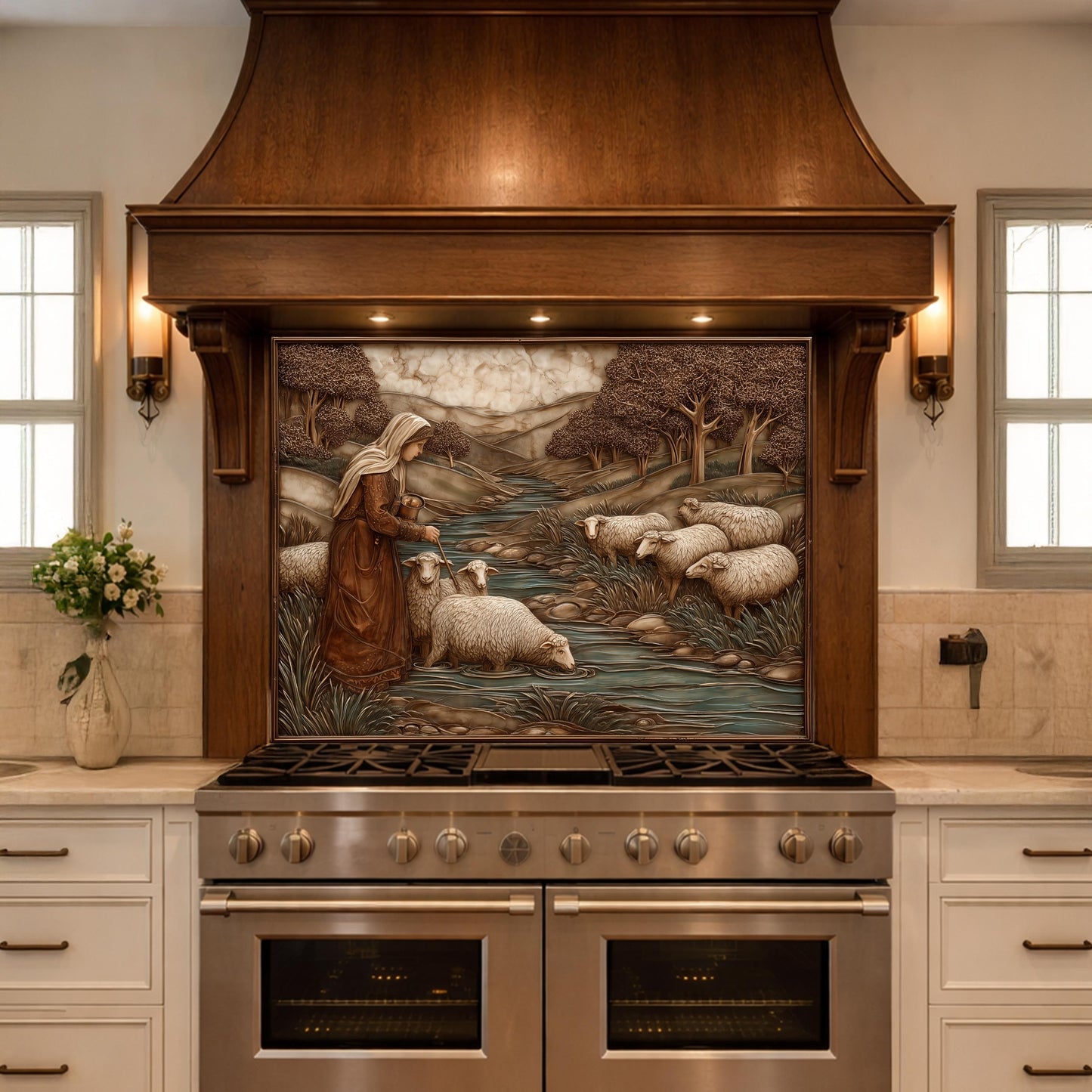 Pastoral Shepherdess and Flock Tempered Glass Backsplash, Copper Relief Look Wall Panel, Stove Guard