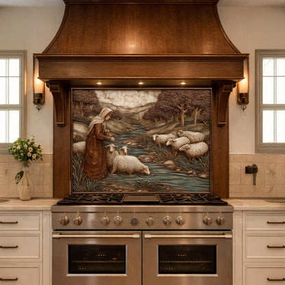 Pastoral Shepherdess and Flock Tempered Glass Backsplash, Copper Relief Look Wall Panel, Stove Guard