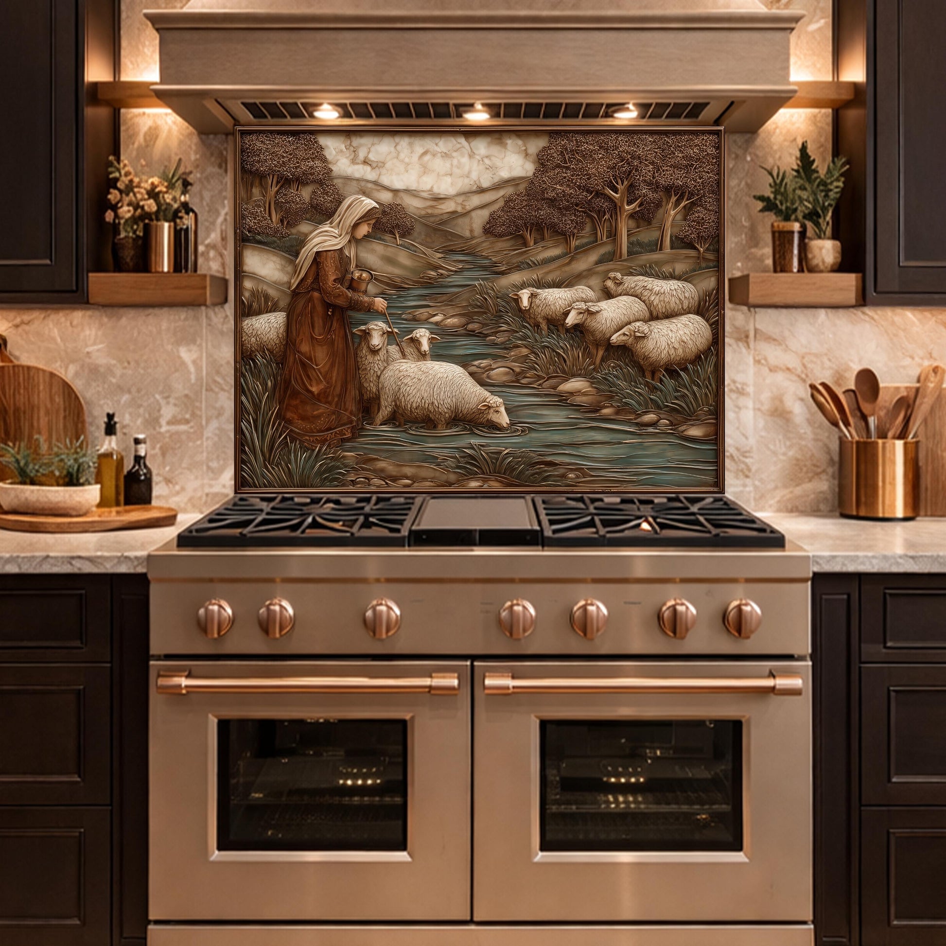 Pastoral Shepherdess and Flock Tempered Glass Backsplash, Copper Relief Look Wall Panel, Stove Guard