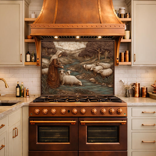 Pastoral Shepherdess and Flock Tempered Glass Backsplash, Copper Relief Look Wall Panel, Stove Guard