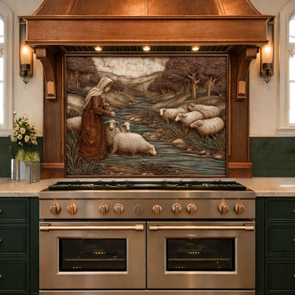 Pastoral Shepherdess and Flock Tempered Glass Backsplash, Copper Relief Look Wall Panel, Stove Guard