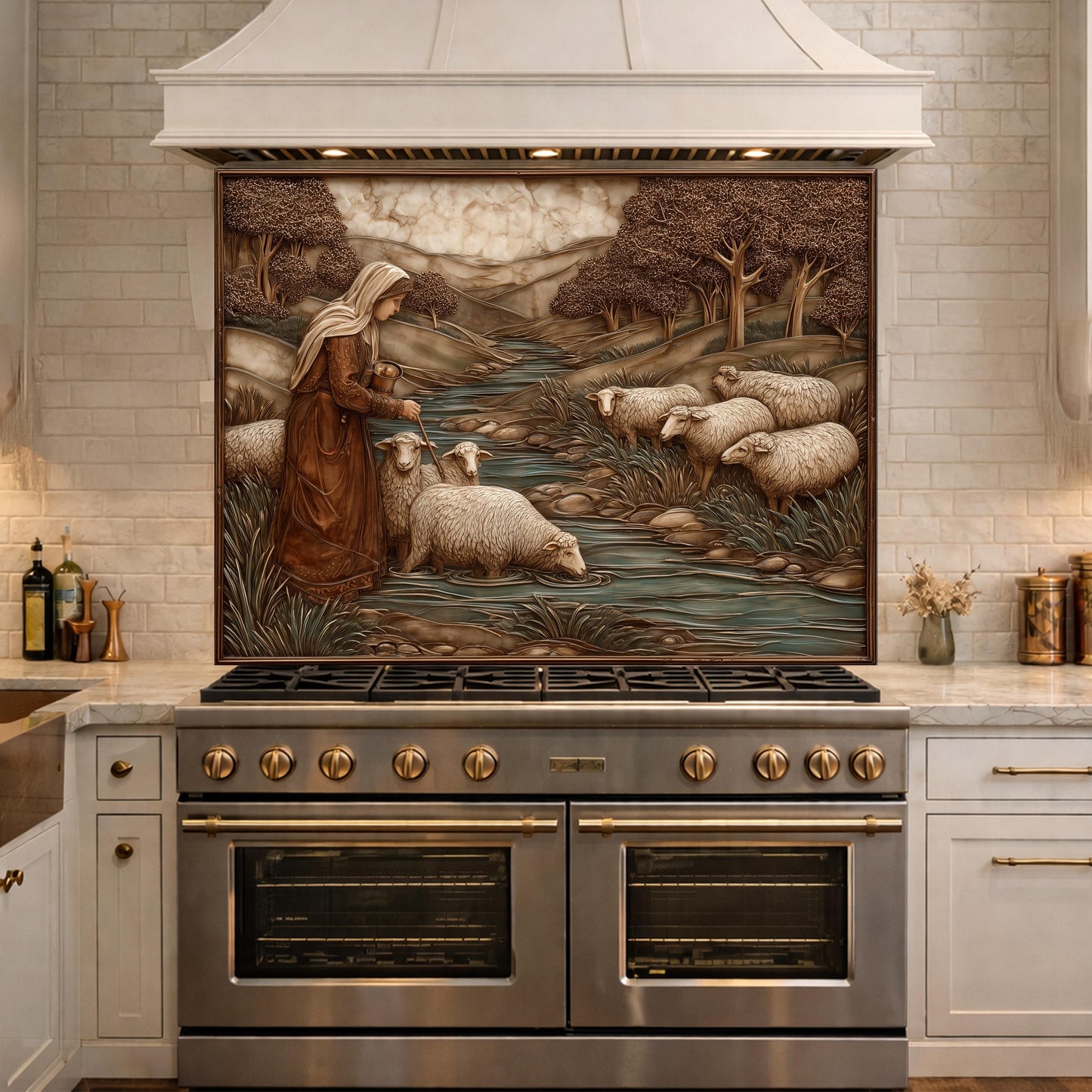 Pastoral Shepherdess and Flock Tempered Glass Backsplash, Copper Relief Look Wall Panel, Stove Guard