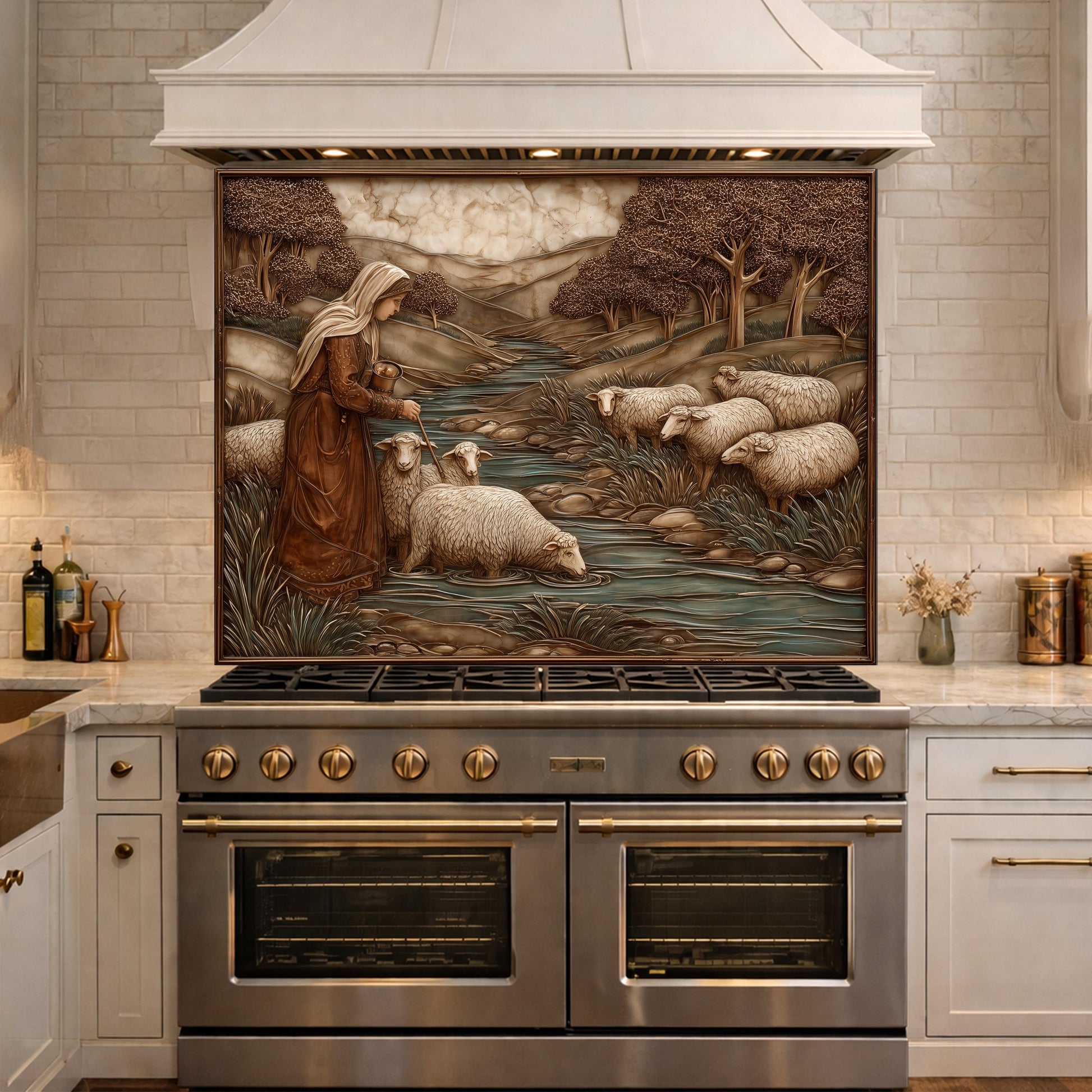 Pastoral Shepherdess and Flock Tempered Glass Backsplash, Copper Relief Look Wall Panel, Stove Guard