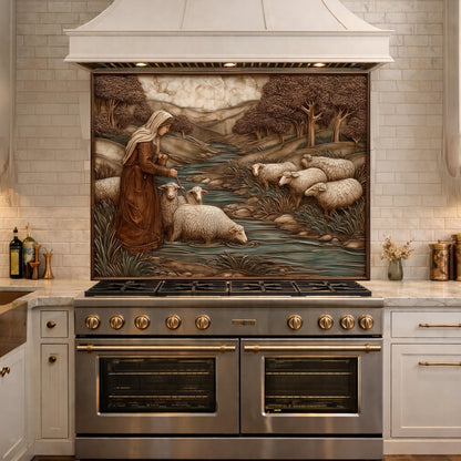 Pastoral Shepherdess and Flock Tempered Glass Backsplash, Copper Relief Look Wall Panel, Stove Guard